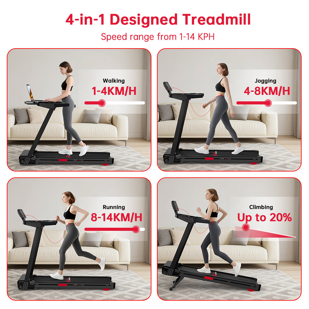 Tapis de course pliable Q8 Pro, 1-14KM/H, 20% Auto Incline, écran tactile